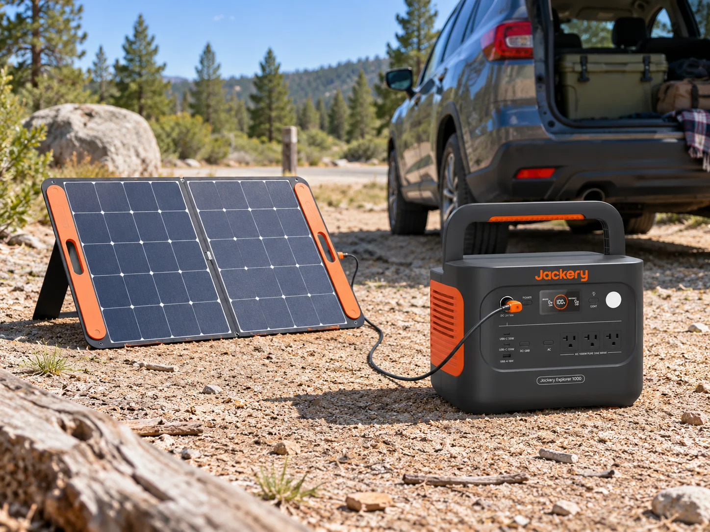 Jackery Explorer 1000 v2 connected to a folding solar panel beside an SUV campsite