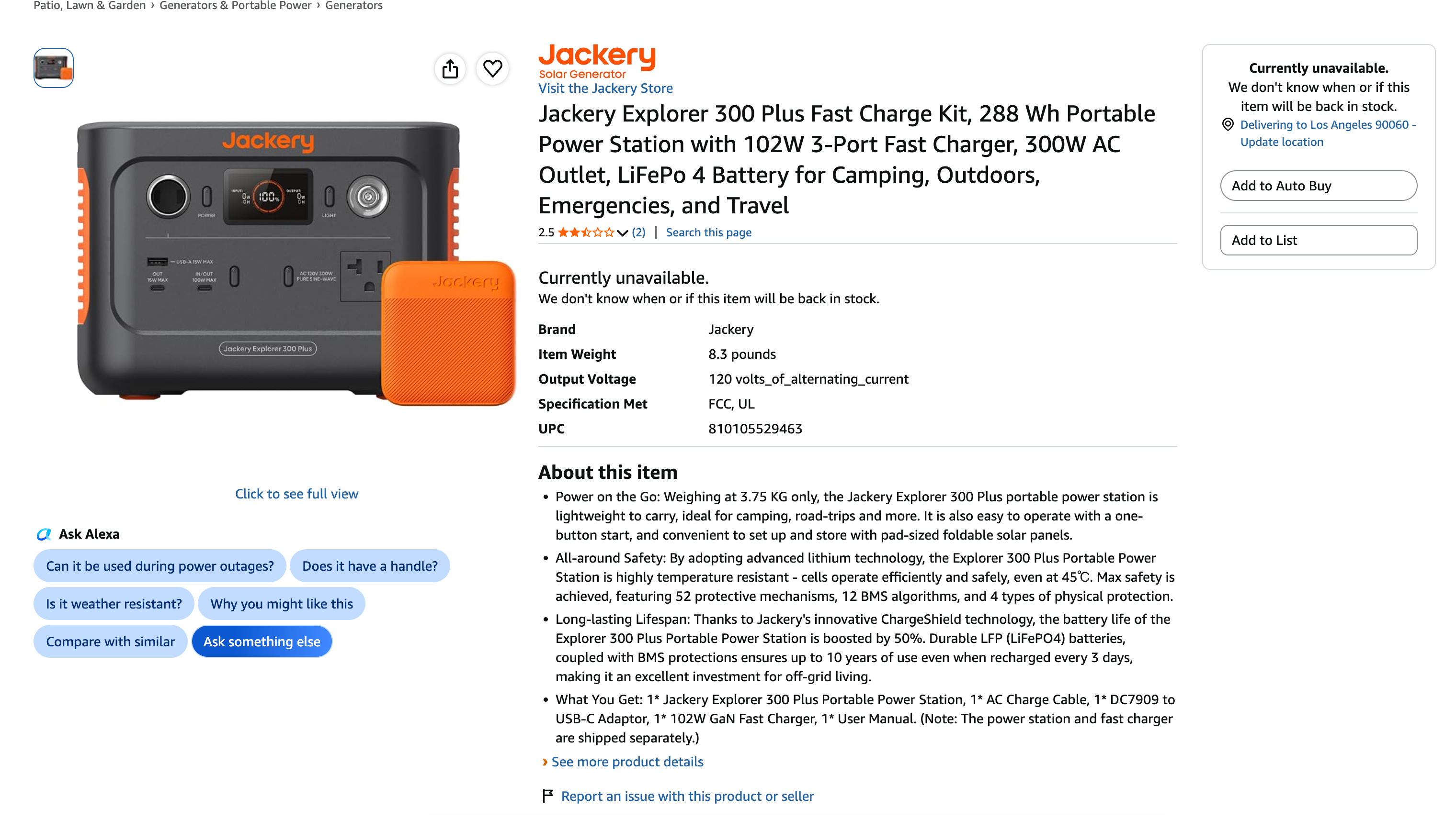 Amazon evidence showing Explorer 300 Plus Fast Charge Kit rating and unavailable status on October 5, 2026