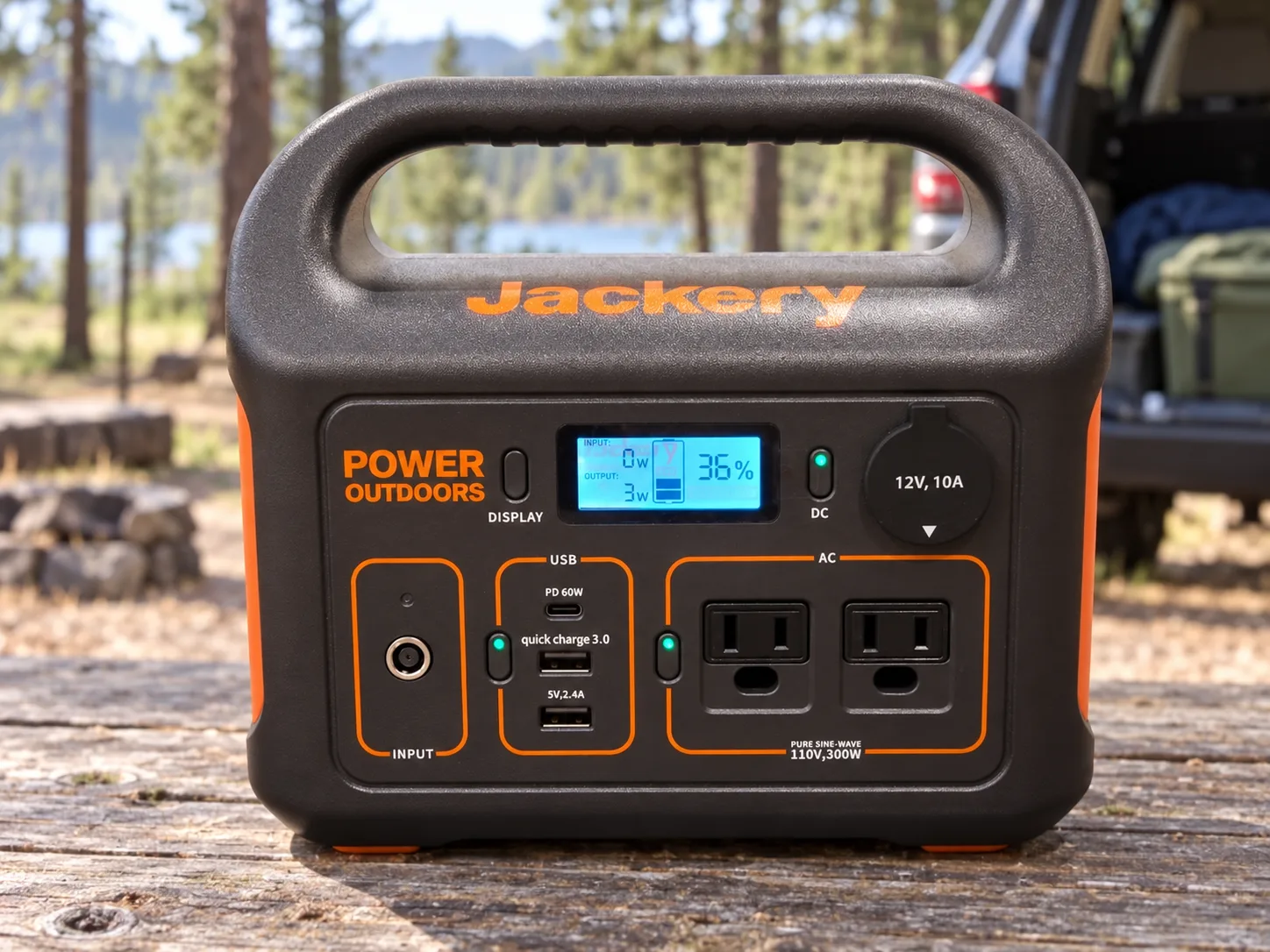 Jackery Explorer 300 portable power station at a vehicle campsite