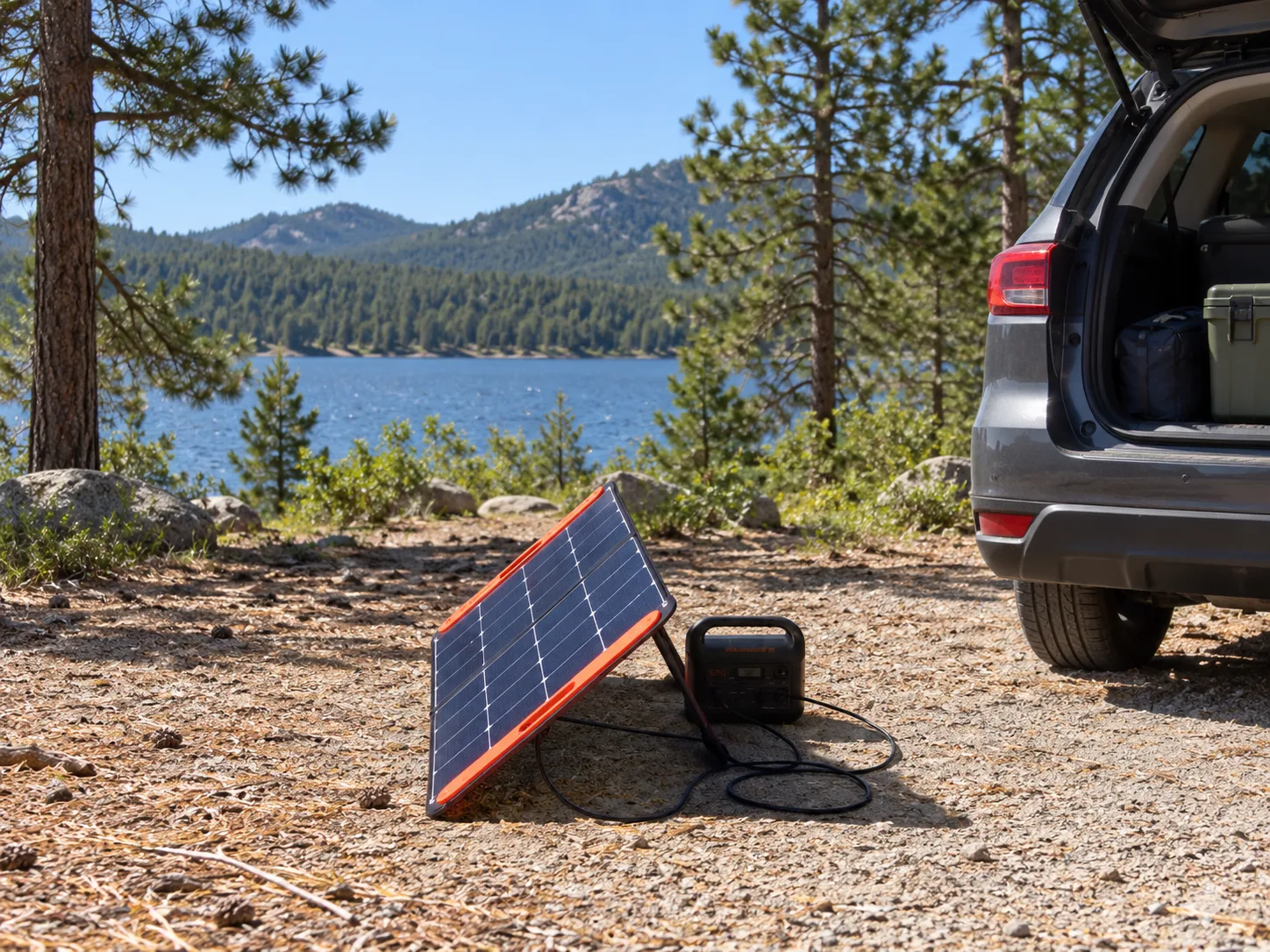 Jackery Explorer 300 connected to a portable solar panel beside an SUV campsite