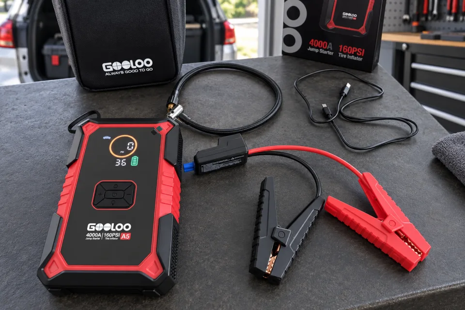 GOOLOO A5 with its clamps, inflator hose, charging cable, case, and box