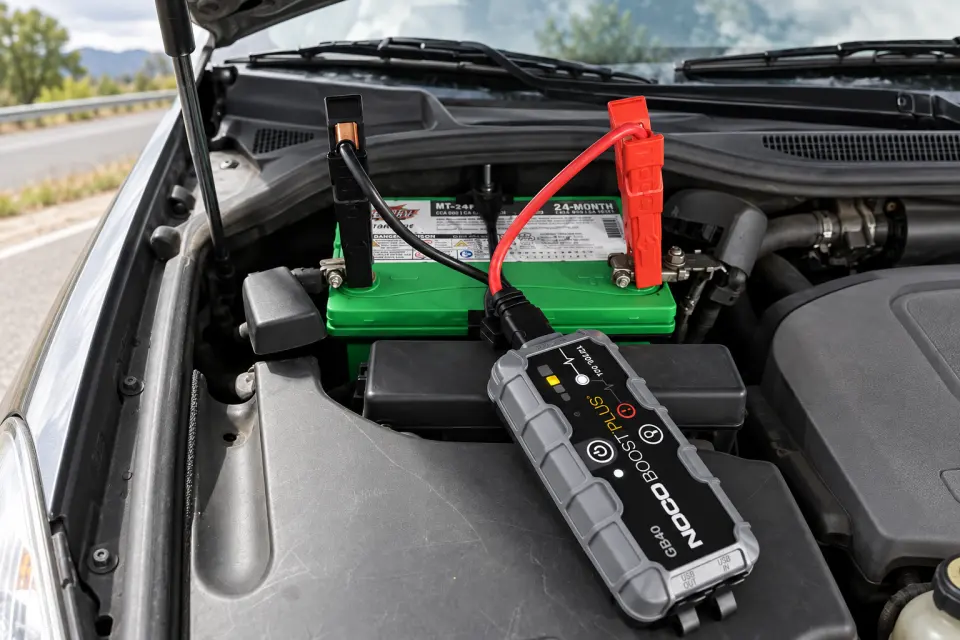 NOCO Boost GB40 connected to a vehicle battery at the roadside