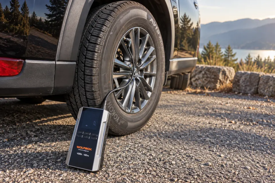 WOLFBOX MegaVolt24 Air connected to an SUV tire at a roadside pull-off