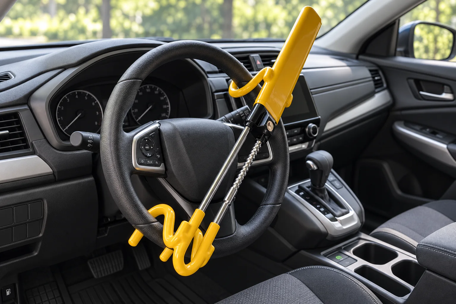 Yellow JETMORE twin-bar lock installed on a steering wheel