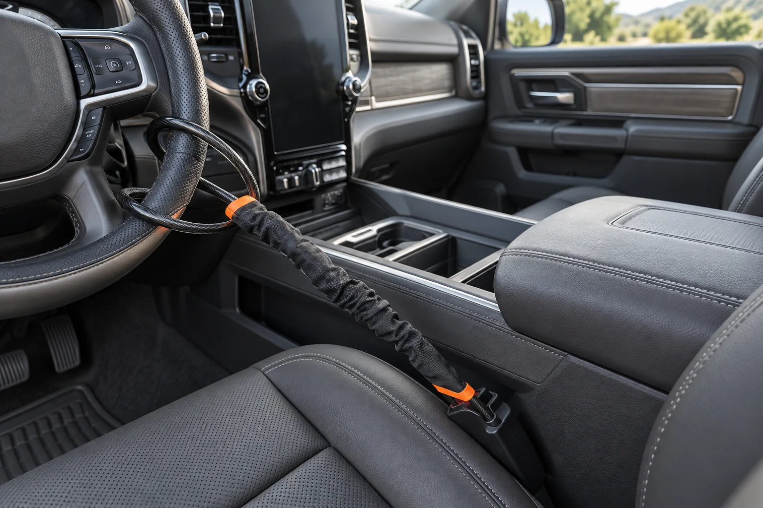 KAYCENTOP cable lock connecting a steering wheel to a seat-belt buckle