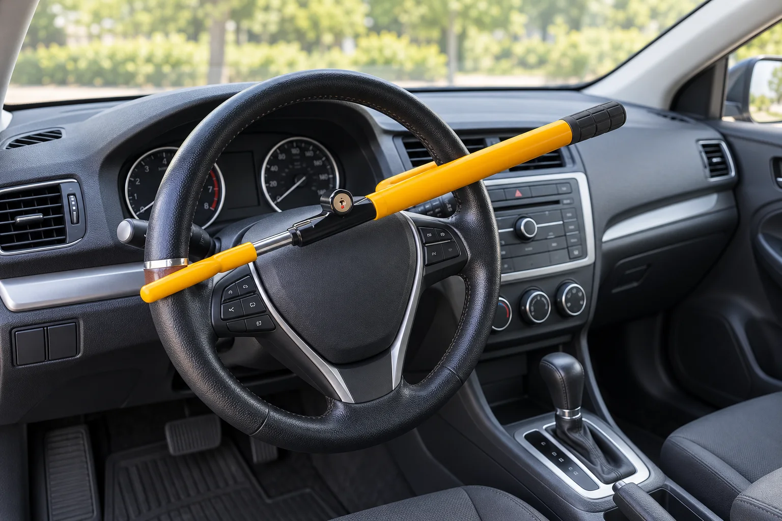 Yellow SURDOCA extendable bar lock installed across a steering wheel
