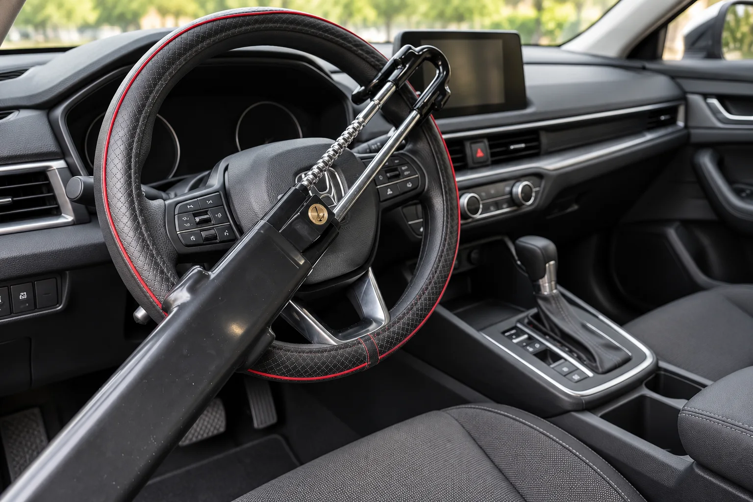 Black Tevlaphee twin-bar lock installed across a steering wheel